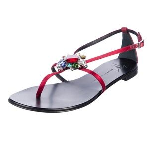 Stunning Red Satin Crystal Embellishments T-Strap SILVER THONG SANDALS 37 US 7